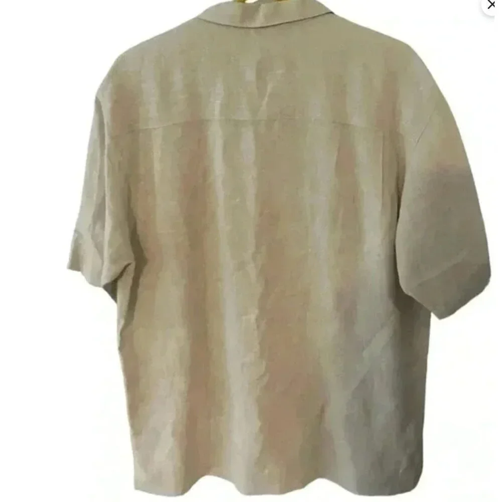 Tommy Bahama Beige 100% linen Button-Up Shirt With Embroidered Palm Design Mediu